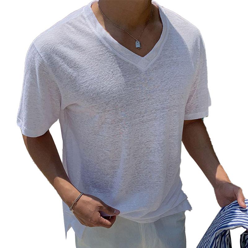 Men's Casual V Neck Solid Color Summer Short Sleeve T-shirt 08333768M