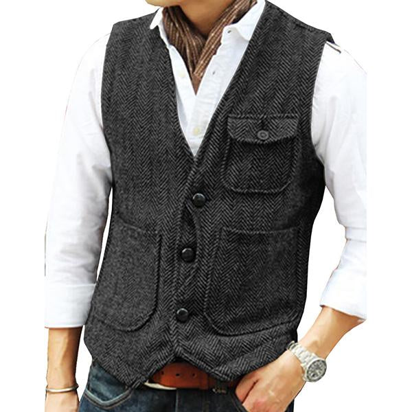 Mens V-Neck Single-Breasted Tweed Vest 39854419M Black / S Vests