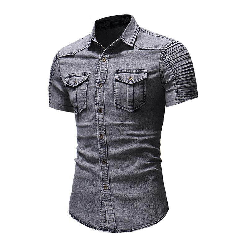 Men's Casual Slim Pleated Short Sleeve Denim Shirt 39216507M