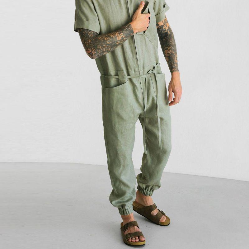 Men's Casual Solid Color Overalls Short-Sleeved Coverall Jumpsuit 11011571Y