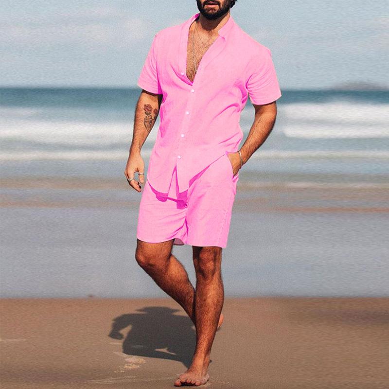 Men's Casual Vacation Solid Color Short Sleeve Shirt Shorts Beach Set 10589830M