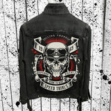 Men's Vintage Biker Skull Print Washed Distressed Denim Jacket 78182390Y