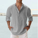 Men's Stand Collar Long Sleeve Loose Solid Color Cotton Linen Shirt 05416282X