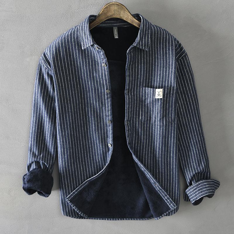Men's Cotton Brushed Fleece Thickened Warm Long Sleeve Striped Shirt 55806111M