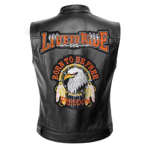 Men's Vintage Embroidered Cloth Patch Biker Leather Vest 96542092Y