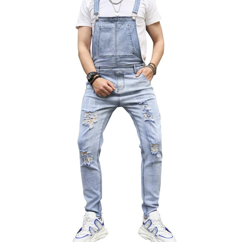 Men's Casual Solid Color Washed Ripped Denim Overalls 04755632Y