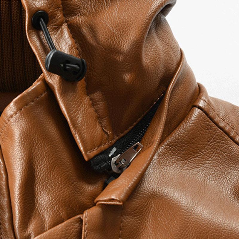 Men's Vintage Hooded Mid Length Leather Coat 39111752M