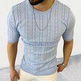 Men's Casual Thin Slim Round Neck Short Sleeve Cable Knit Sweater 80739212M