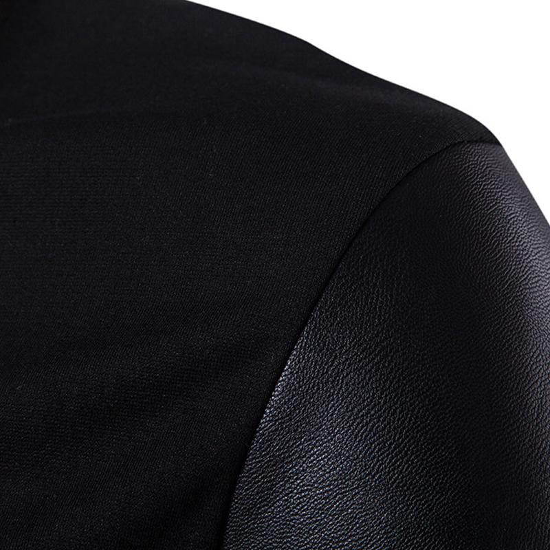 Men's Casual Stand Collar Slim Knit Leather Panel Jacket 05621291M