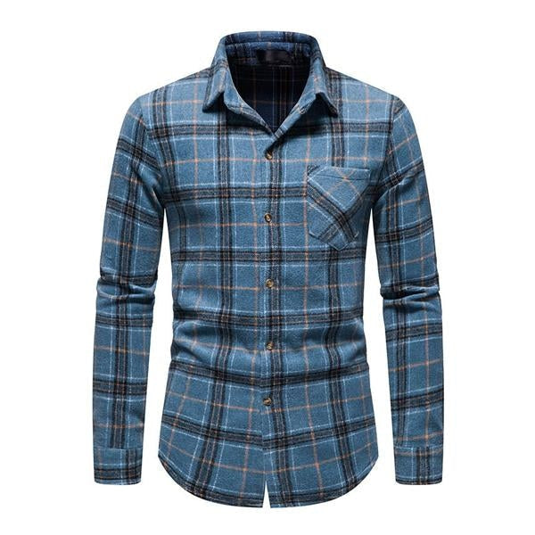 Mens Lapel Flannel Plaid Shirt 15352720X Blue / S
