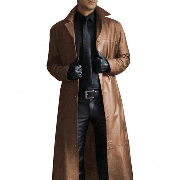 Mens Slim Fit Lapel Solid Leather Long Trench Coat 50851247M Brown / S Coats & Jackets