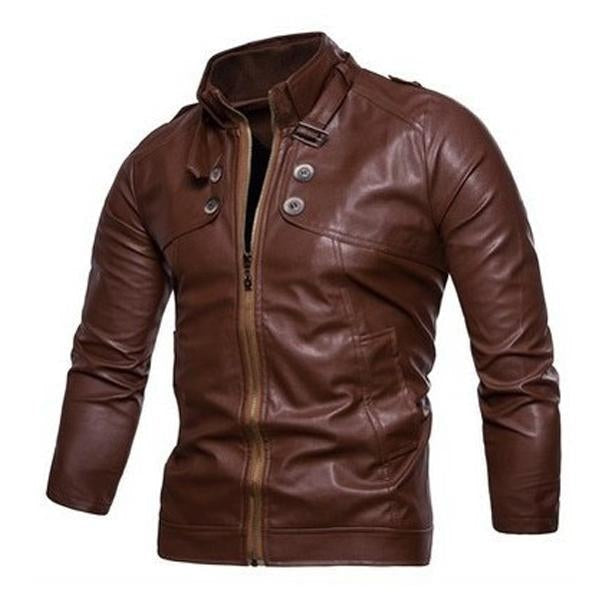 Mens Stand Collar Zip Leather Jacket 53168738X Brown / M Coats & Jackets