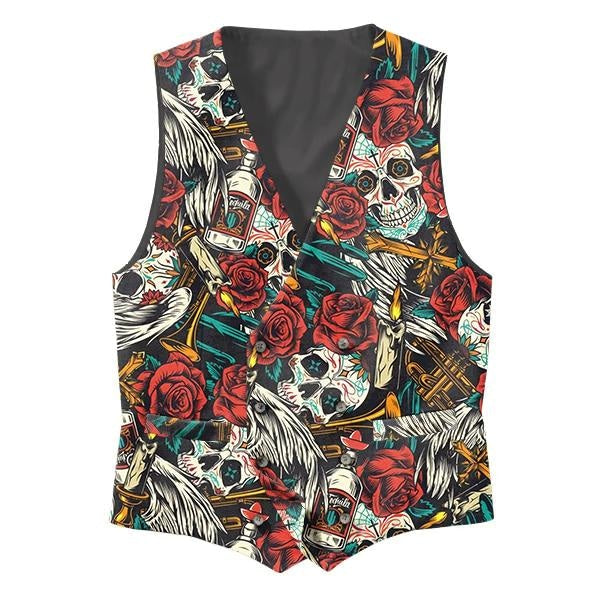 Mens V-Neck Skulls And Roses Print Double Breasted Vest 86959085M Printed Vest(D) / Black S Vests