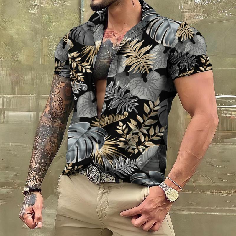 Men's Lapel Short Sleeve Hawaiian Plant Print Shirt 83212931Z