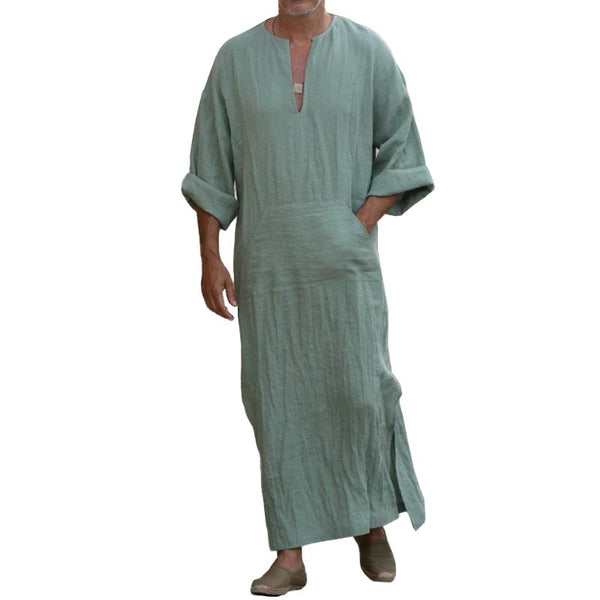 Men's Casual Fashion Cotton Linen V Neck Short Sleeve Robe Shirt 61702007Z