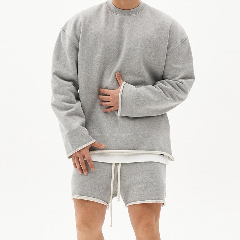 Herremote ensfarget løs rullet sweatshirt shortssett 80927036Z