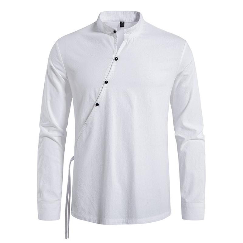 Men's Tilted Placket Cotton Linen Shirt 91772975Z