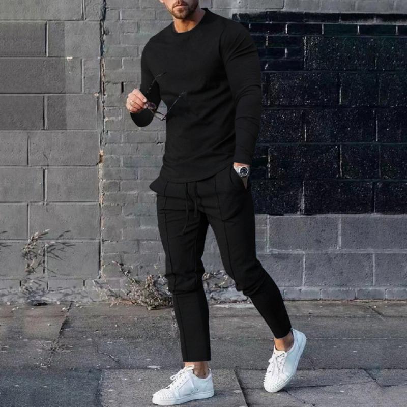 Men's Solid Long Sleeve T-shirt Trousers Sports Set 44156213Z