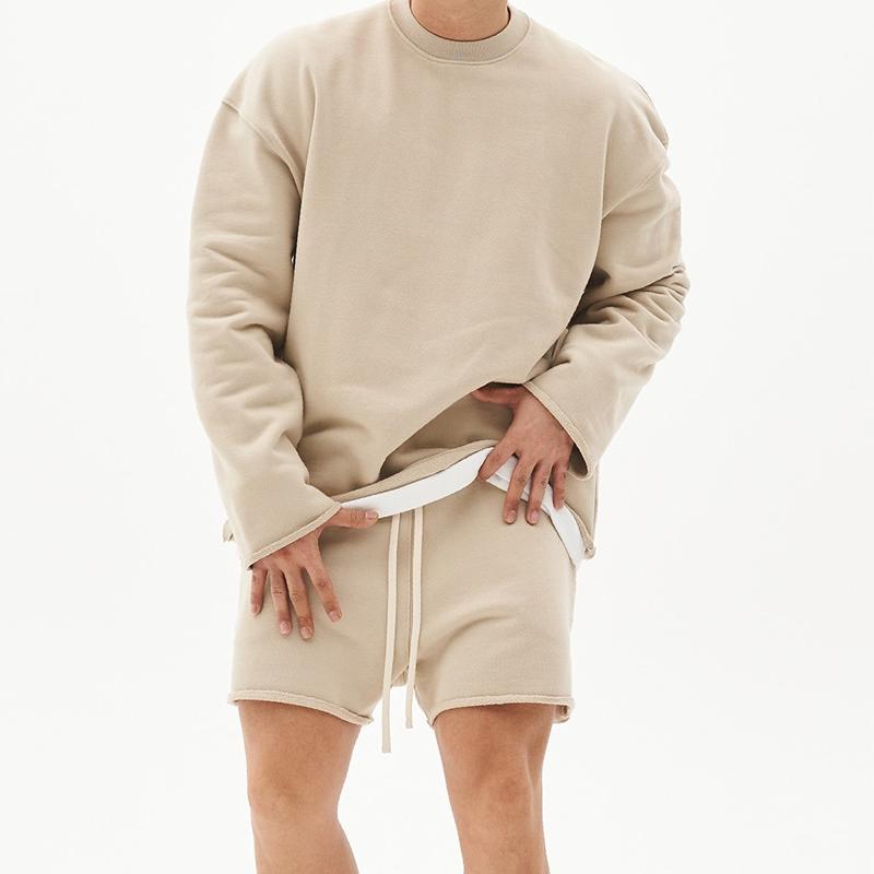 Herremote ensfarget løs rullet sweatshirt shortssett 80927036Z