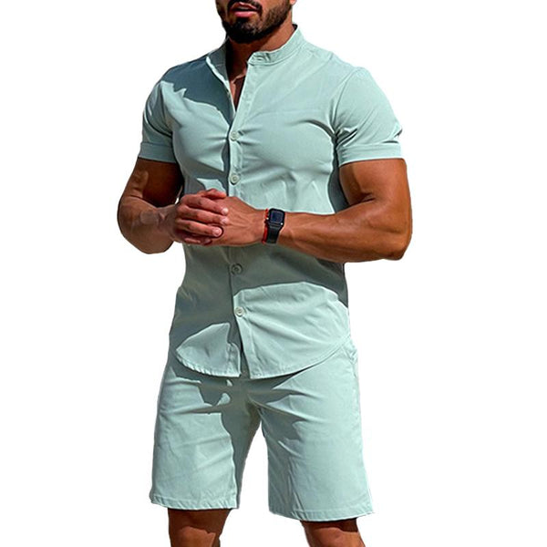 Men's Stand Collar Single Breasted Short Sleeve Shirt Shorts Set 84288595Z