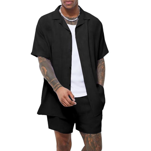 Men's Solid Loose Lapel Short Sleeve Shirt Shorts Set 82874976Z
