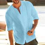 Men's V Neck Half Sleeve Loose Linen Shirt 01697189Z