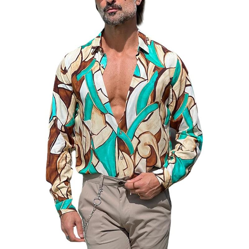 Men's Loose Contrasting Geometric Print Lapel Long Sleeve Shirt 56175965Z