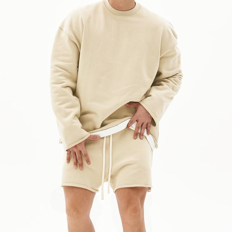 Herremote ensfarget løs rullet sweatshirt shortssett 80927036Z