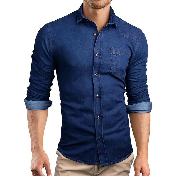 Men's Casual Plain Long Sleeve Denim Shirt 72021710M