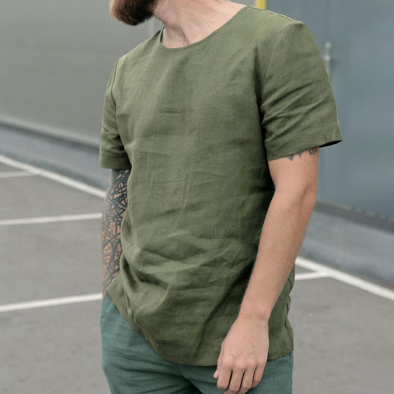 Camiseta de lino y algodón con cuello redondo para hombre 00643051Z