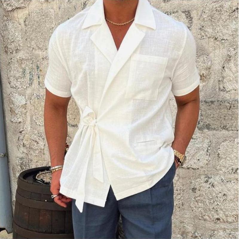 Men's Notch Lapel Solid Linen Short Sleeve Shirt 74466138Z
