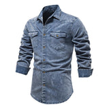 Men's Lapel Washed Distressed Denim Shirt 51699022Z