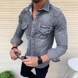 Men's Lapel Long Sleeve Casual Denim Shirt 88050908Z