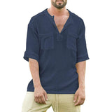 Men's Henley Collar Pockets Short Sleeve Shirt 75777196Z