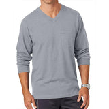 Men's Solid Loose V Neck Pocket Long Sleeve T-shirt 15979962Z
