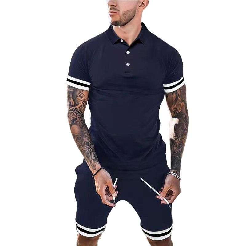 Men's Colorblock Striped Cuff Short Sleeve Polo Shirt Shorts Set 02905193Z