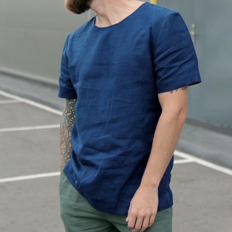 Camiseta de lino y algodón con cuello redondo para hombre 00643051Z