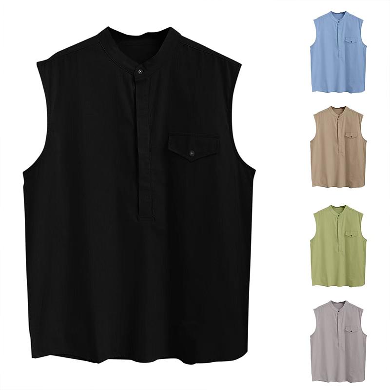 Men's Stand Collar Double Placket Solid Sleeveless Pocket Cotton Linen Tank Top 82966809Z