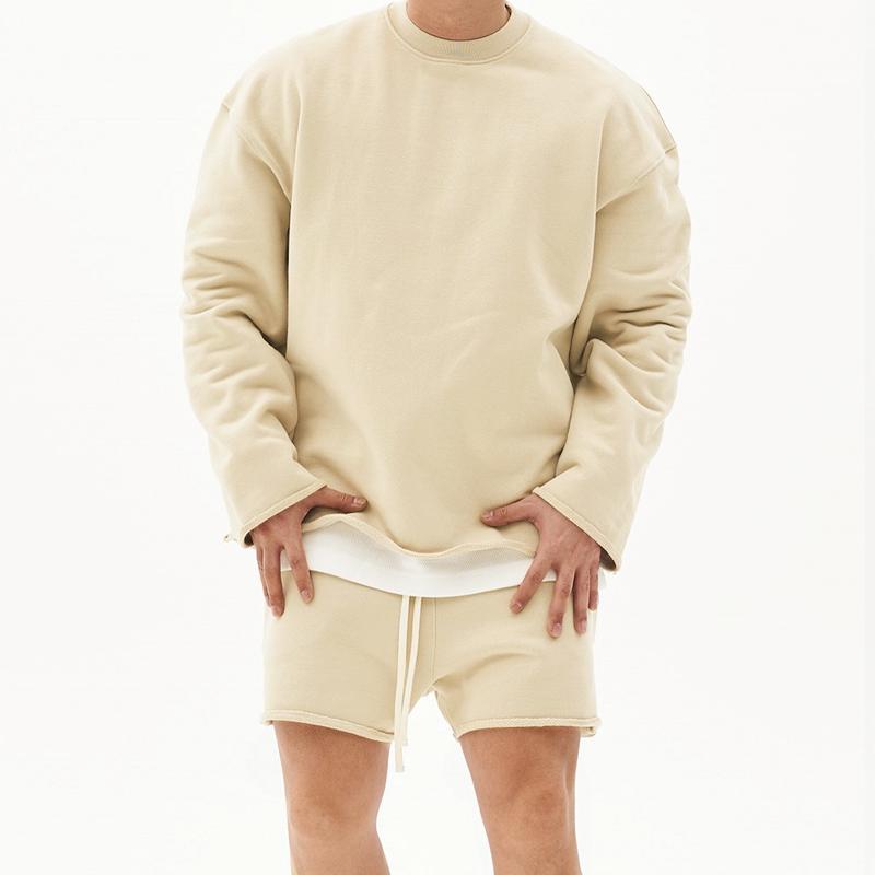 Men's Fashion Solid Color Loose Rolled Sweatshirt Shorts Set 80927036Z