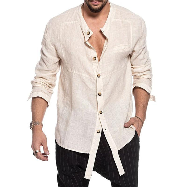 Men's Stand Collar Loose Cotton Linen Shirt 25606954Z