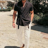 Men's Notch Lapel Solid Linen Short Sleeve Shirt 74466138Z