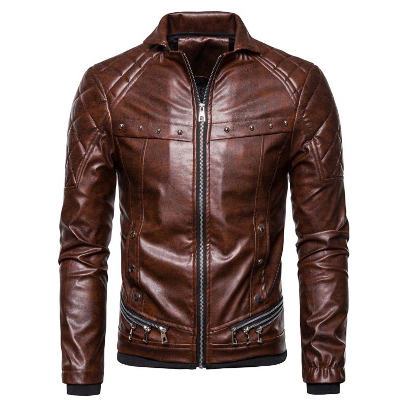 Men's Vintage Fur Collar Zipper Panel Leather Jacket 84578852M