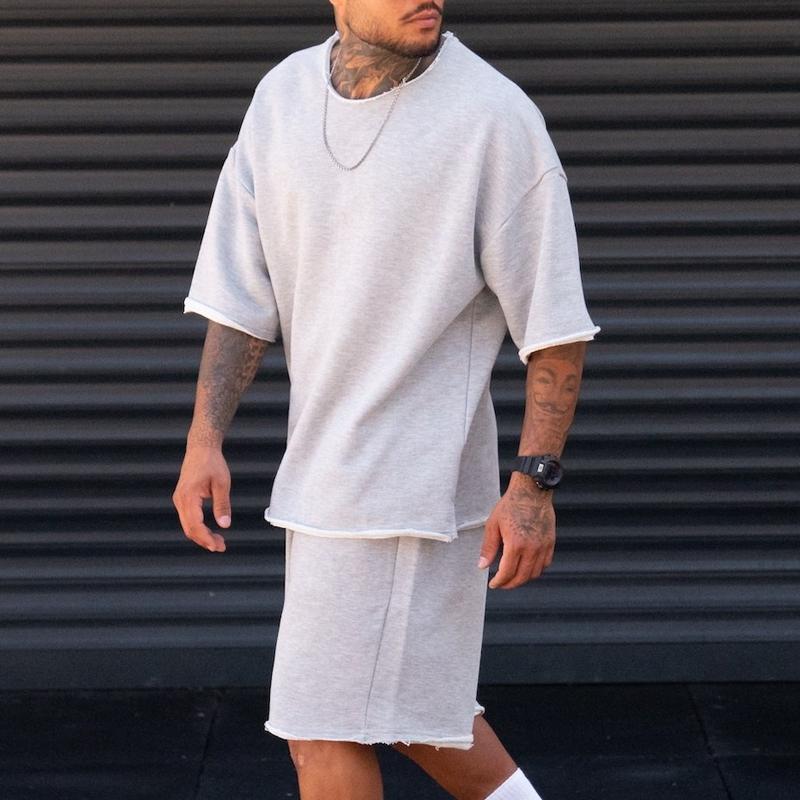Men's Solid Loose Short Sleeve Rolled T-shirt Shorts Set 79449416Z