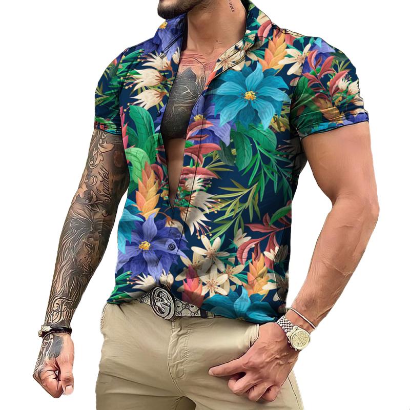 Men's Lapel Short Sleeve Hawaiian Plant Print Shirt 83212931Z