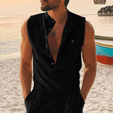 Men's Stand Collar Double Placket Solid Sleeveless Pocket Cotton Linen Tank Top 82966809Z