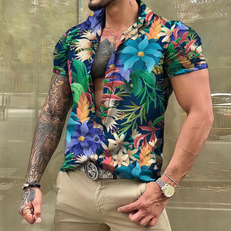 Men's Lapel Short Sleeve Hawaiian Plant Print Shirt 83212931Z