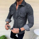 Men's Lapel Long Sleeve Casual Denim Shirt 88050908Z