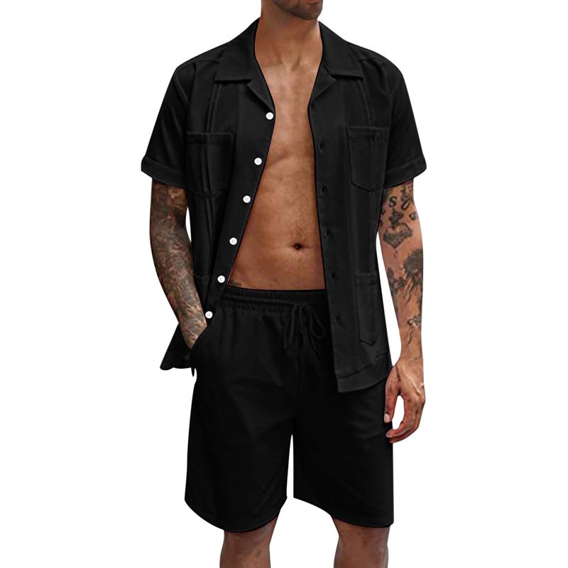 Men's Lapel Pocket Short Sleeve Shirt Shorts Set 29631441Z