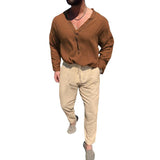 Men's Cotton Linen V Neck Long Sleeve Tee Trousers Set 86863989Z