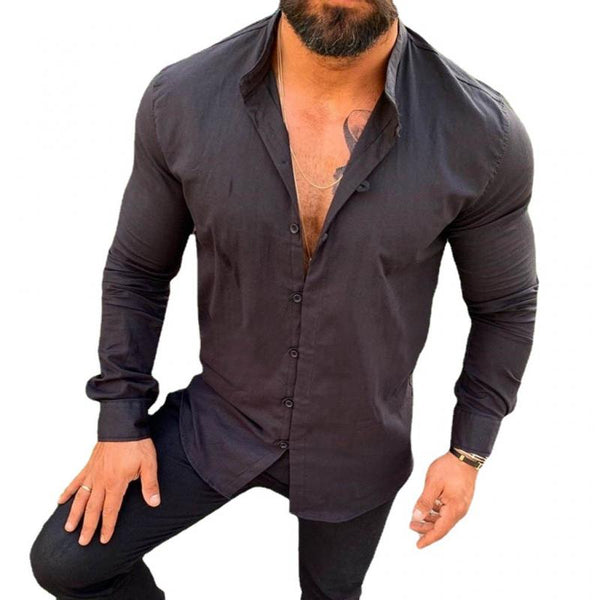 Men's Stand Collar Solid Color Cotton Linen Shirt 57173738Z